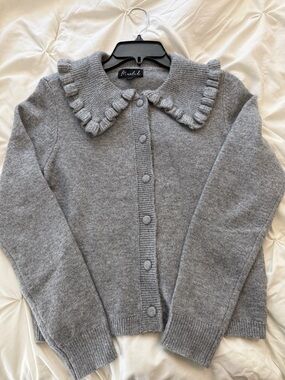 Marled Ruffle-Collar Button-Front Cardigan - XS, Gray - NWOT